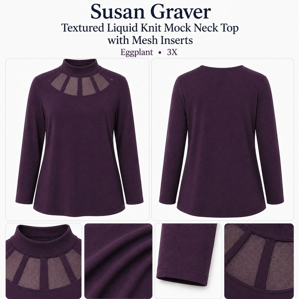 Susan Graver Textured Liquid Knit Mock Neck Top Mesh Inserts Eggplant Purple 3X